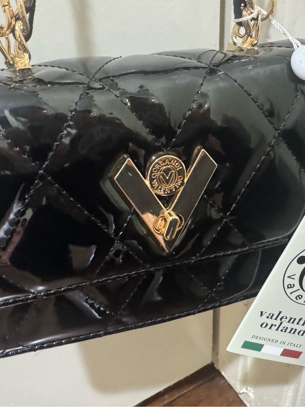 Valentino Orlandi Black Quilted Patent Shoulder Bag with Gold V Emblem - Picture 8 of 10